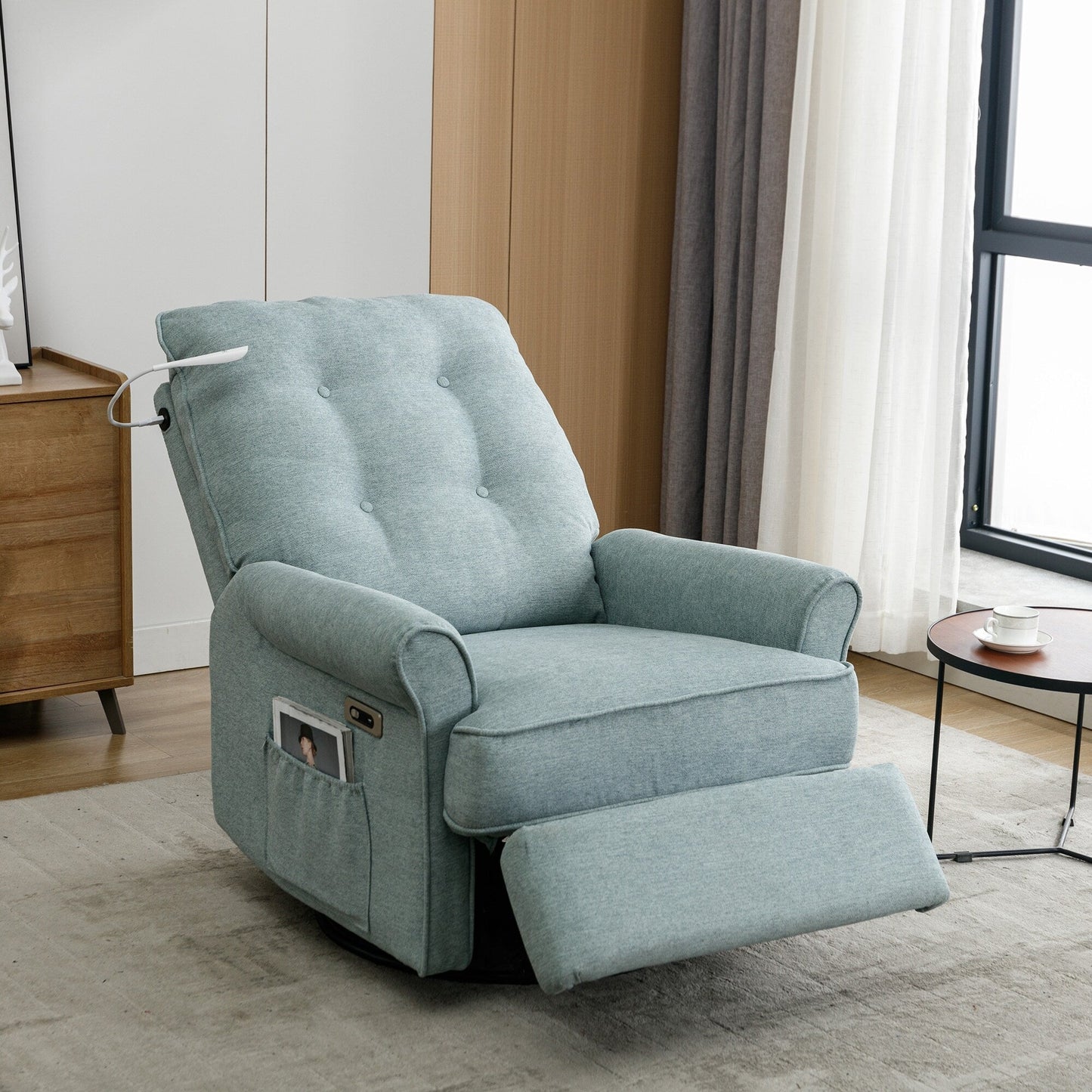 Fauteuil inclinable pivotant à 270° avec ports USB, lampe tactile, poche de rangement latérale et base à bascule