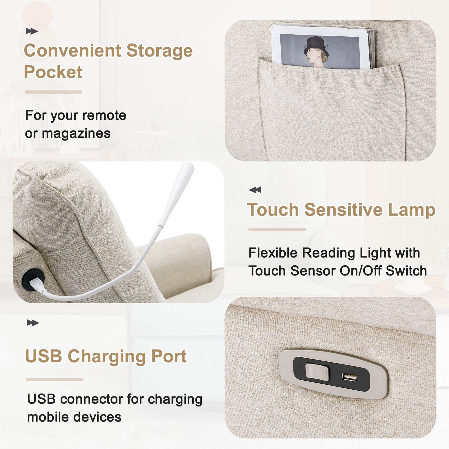 Fauteuil inclinable pivotant à 270° avec ports USB, lampe tactile, poche de rangement latérale et base à bascule