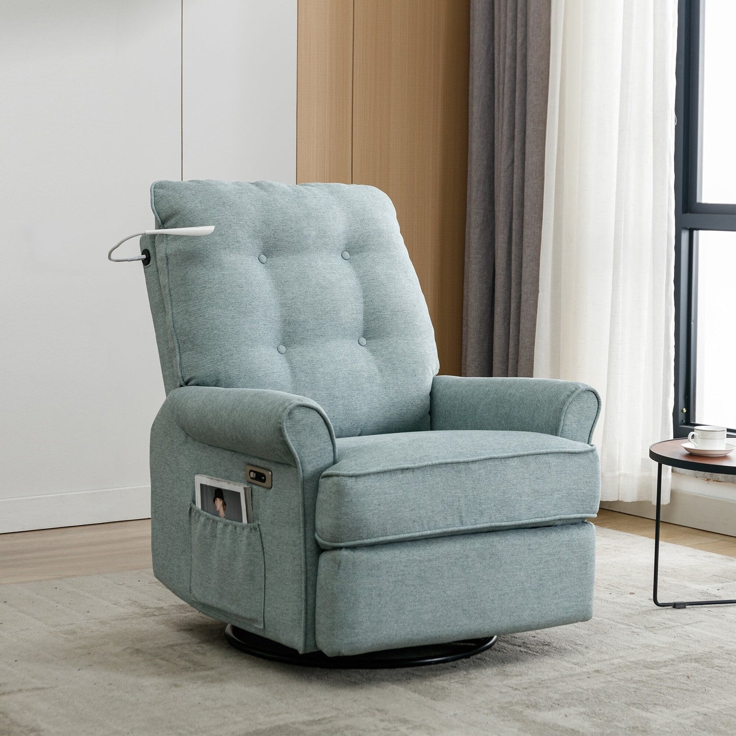 Fauteuil inclinable pivotant à 270° avec ports USB, lampe tactile, poche de rangement latérale et base à bascule