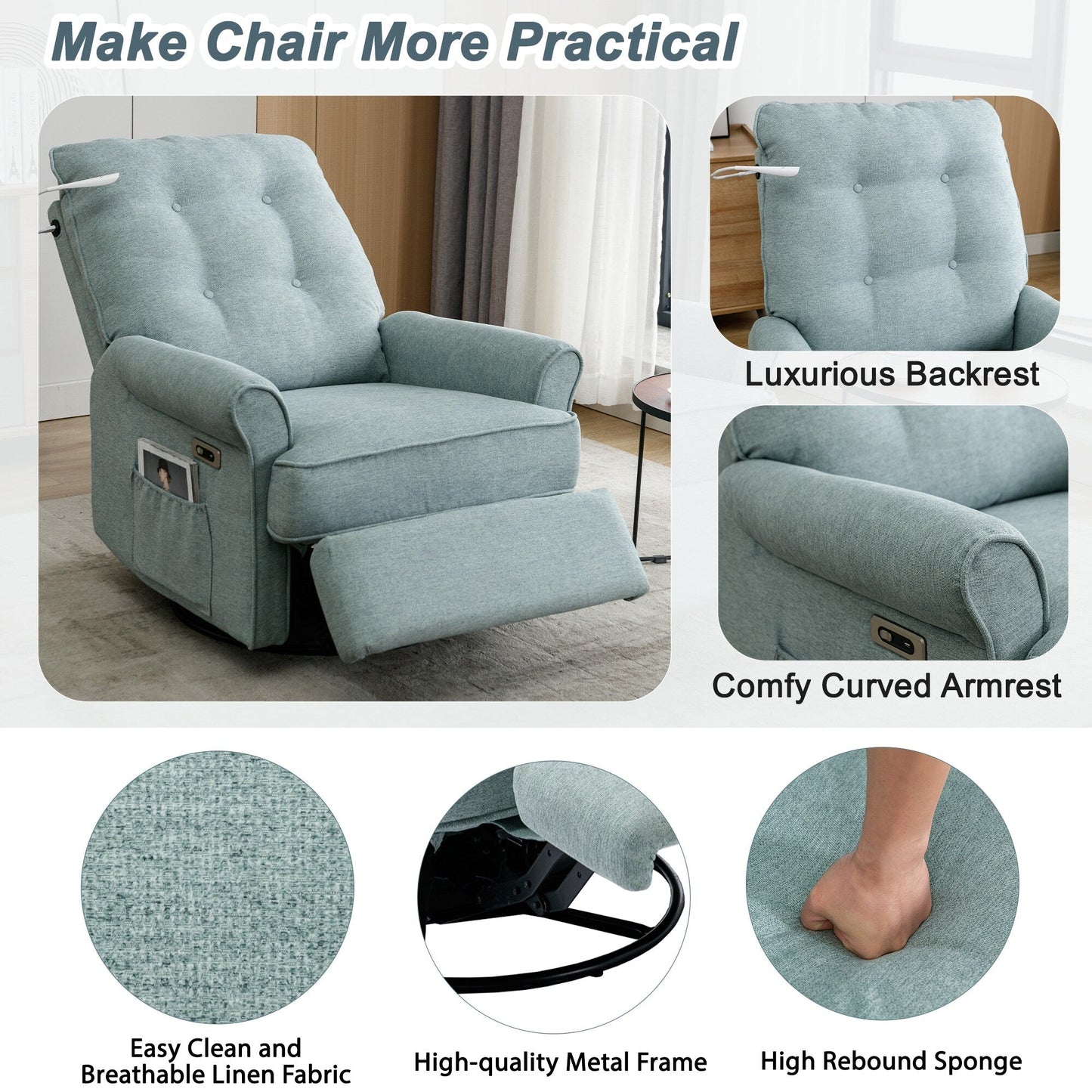 Fauteuil inclinable pivotant à 270° avec ports USB, lampe tactile, poche de rangement latérale et base à bascule