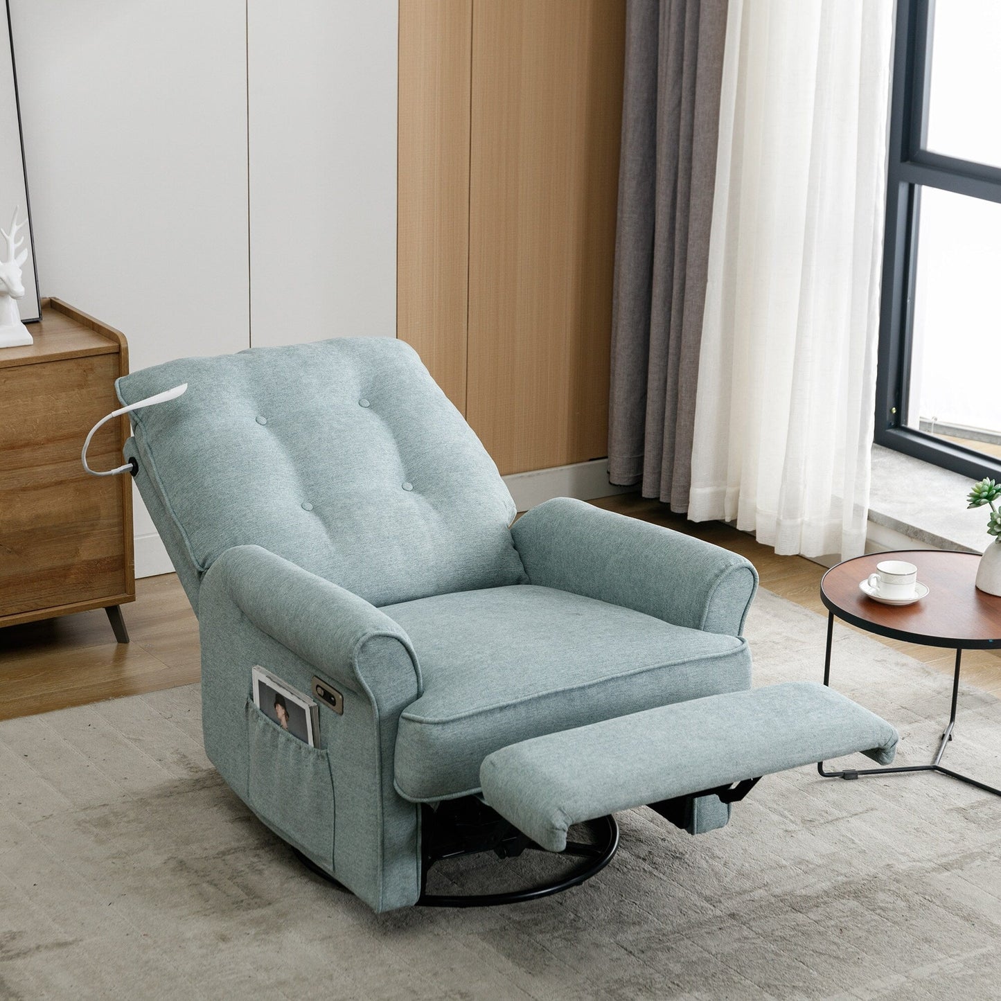 Fauteuil inclinable pivotant à 270° avec ports USB, lampe tactile, poche de rangement latérale et base à bascule