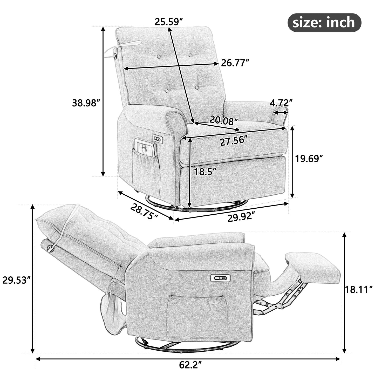 Fauteuil inclinable pivotant à 270° avec ports USB, lampe tactile, poche de rangement latérale et base à bascule