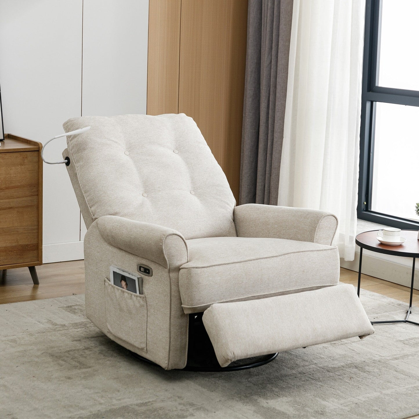 Fauteuil inclinable pivotant à 270° avec ports USB, lampe tactile, poche de rangement latérale et base à bascule