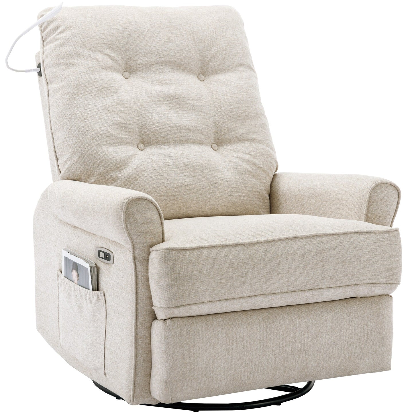Fauteuil inclinable pivotant à 270° avec ports USB, lampe tactile, poche de rangement latérale et base à bascule