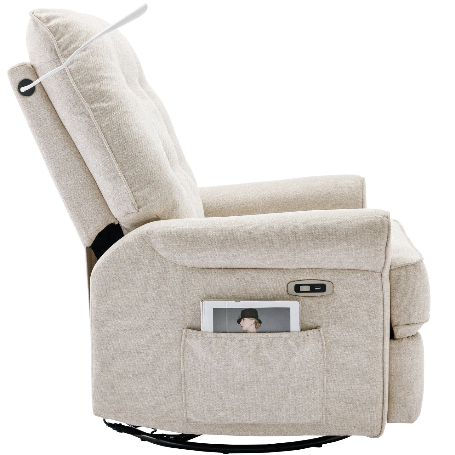 Fauteuil inclinable pivotant à 270° avec ports USB, lampe tactile, poche de rangement latérale et base à bascule