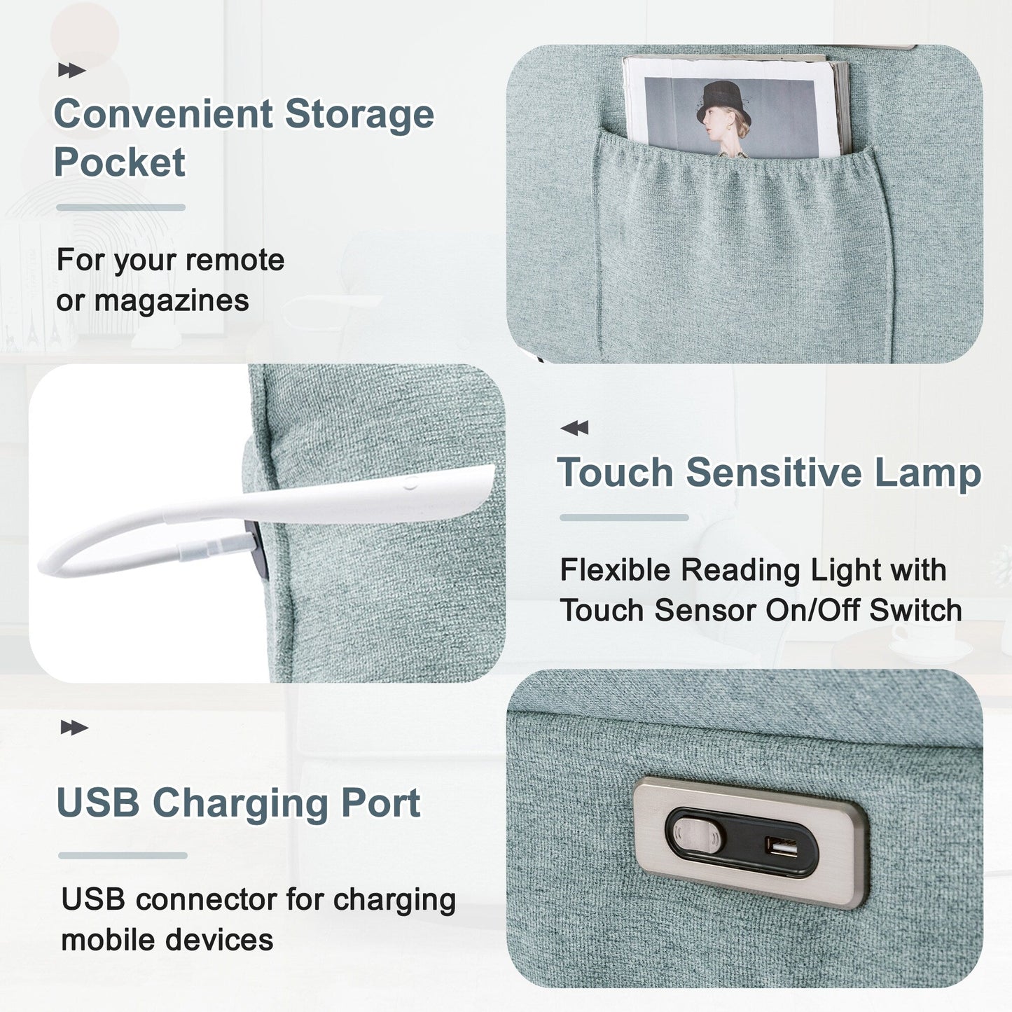 Fauteuil inclinable pivotant à 270° avec ports USB, lampe tactile, poche de rangement latérale et base à bascule