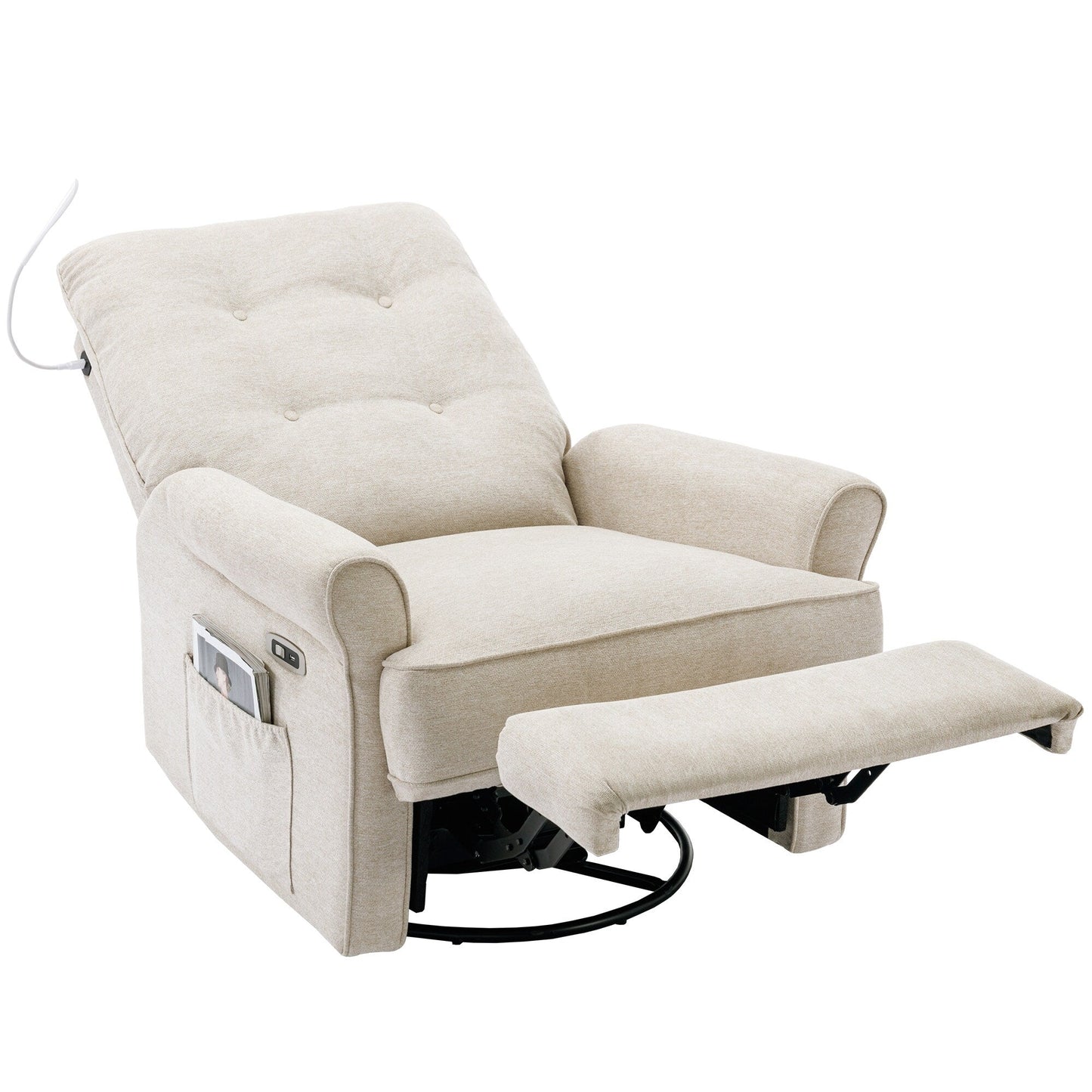 Fauteuil inclinable pivotant à 270° avec ports USB, lampe tactile, poche de rangement latérale et base à bascule