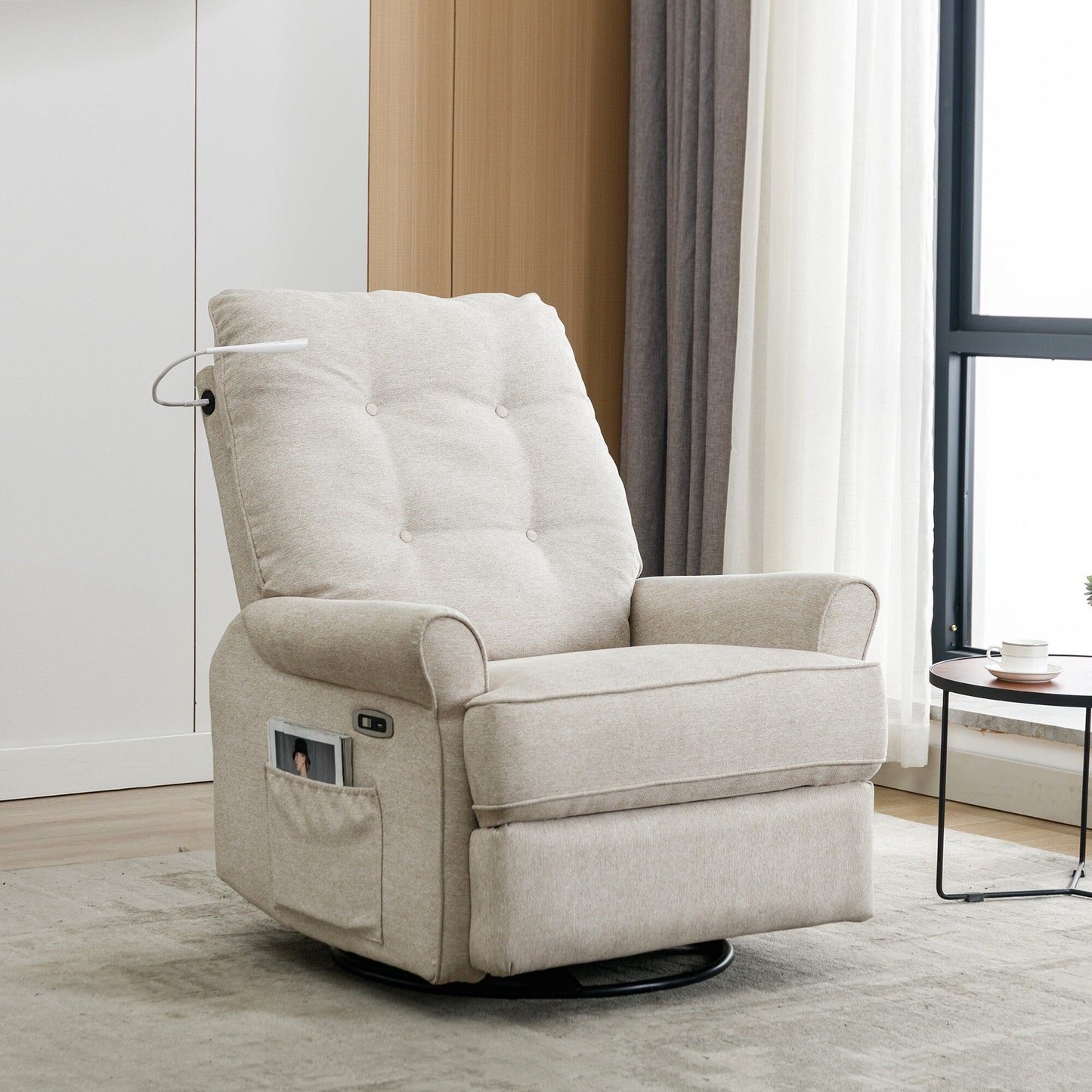 Fauteuil inclinable pivotant à 270° avec ports USB, lampe tactile, poche de rangement latérale et base à bascule