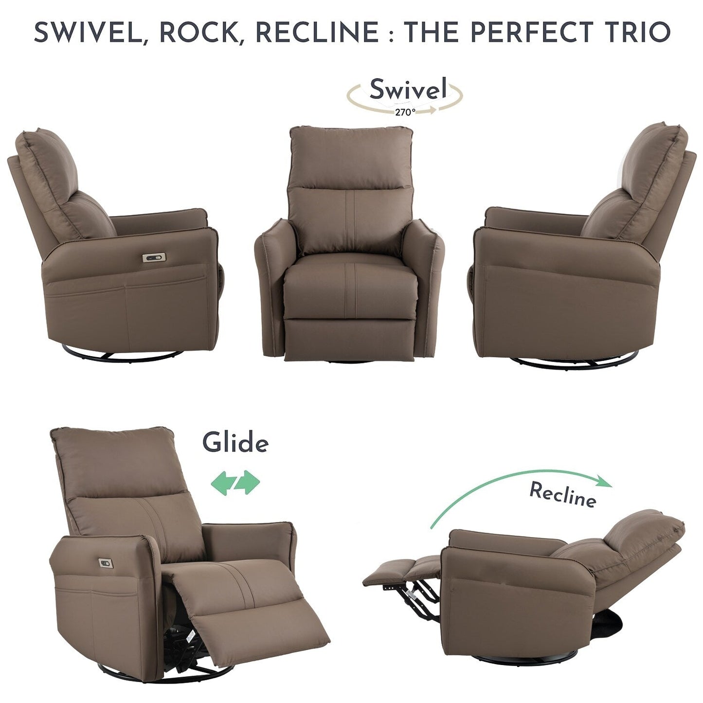 Fauteuil inclinable électrique pivotant à 270° avec ports USB