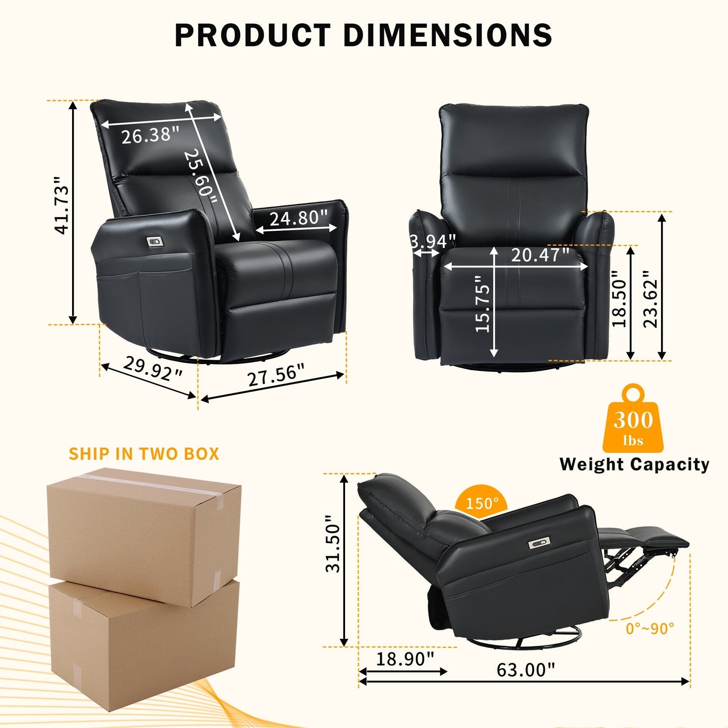 Fauteuil inclinable électrique pivotant à 270° avec ports USB