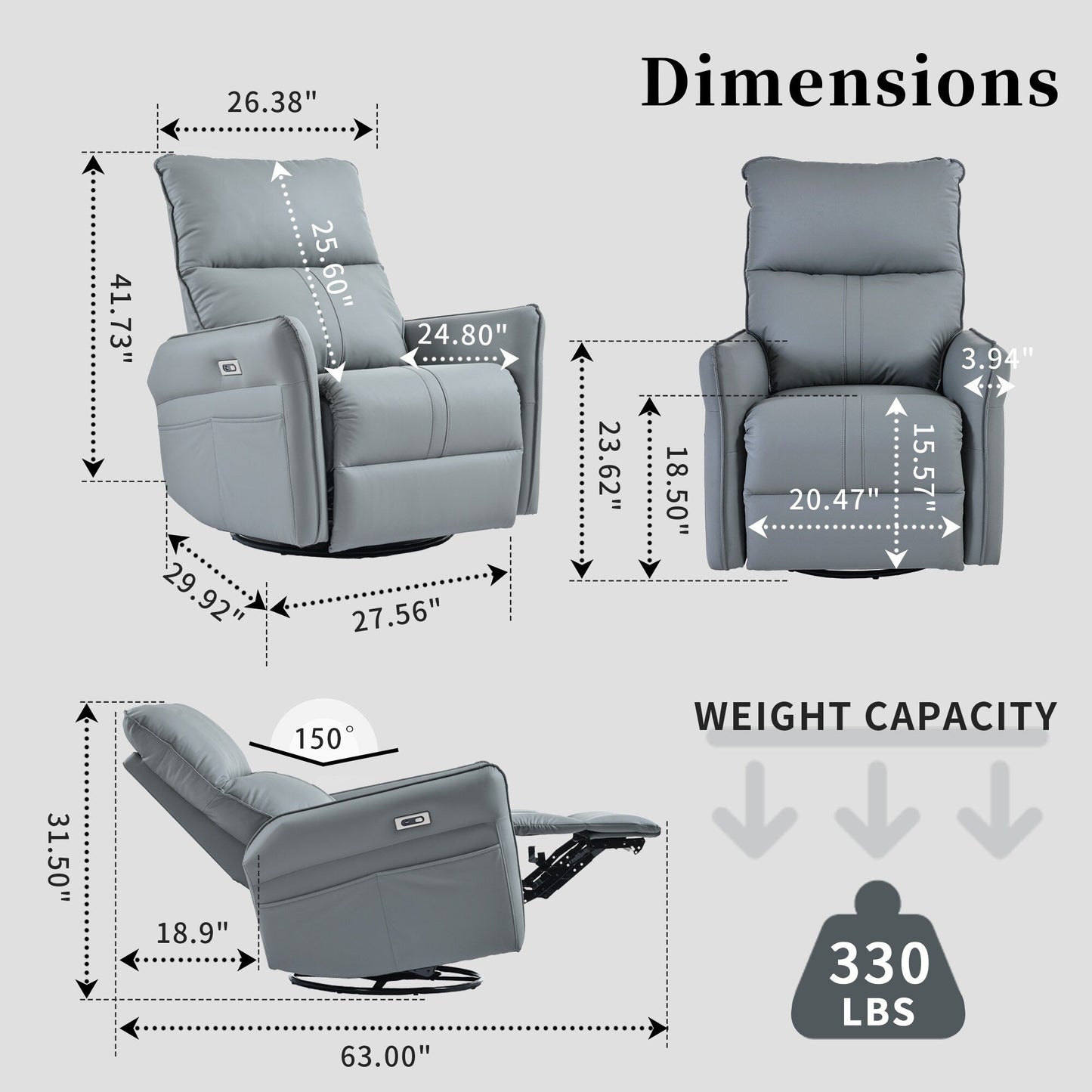 Fauteuil inclinable électrique pivotant à 270° avec ports USB
