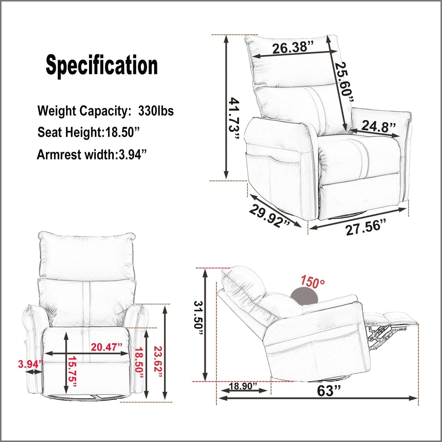 Fauteuil inclinable électrique pivotant à 270° avec ports USB