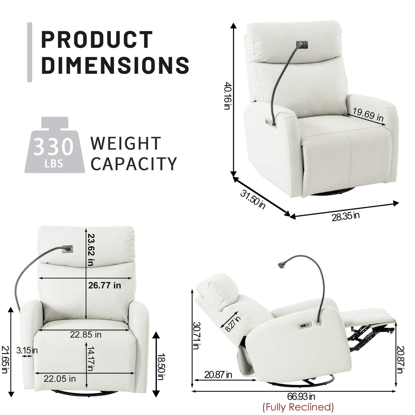 Fauteuil inclinable pivotant à 270° avec ports USB, inclinaison électrique et confort rembourré pour une détente ultime