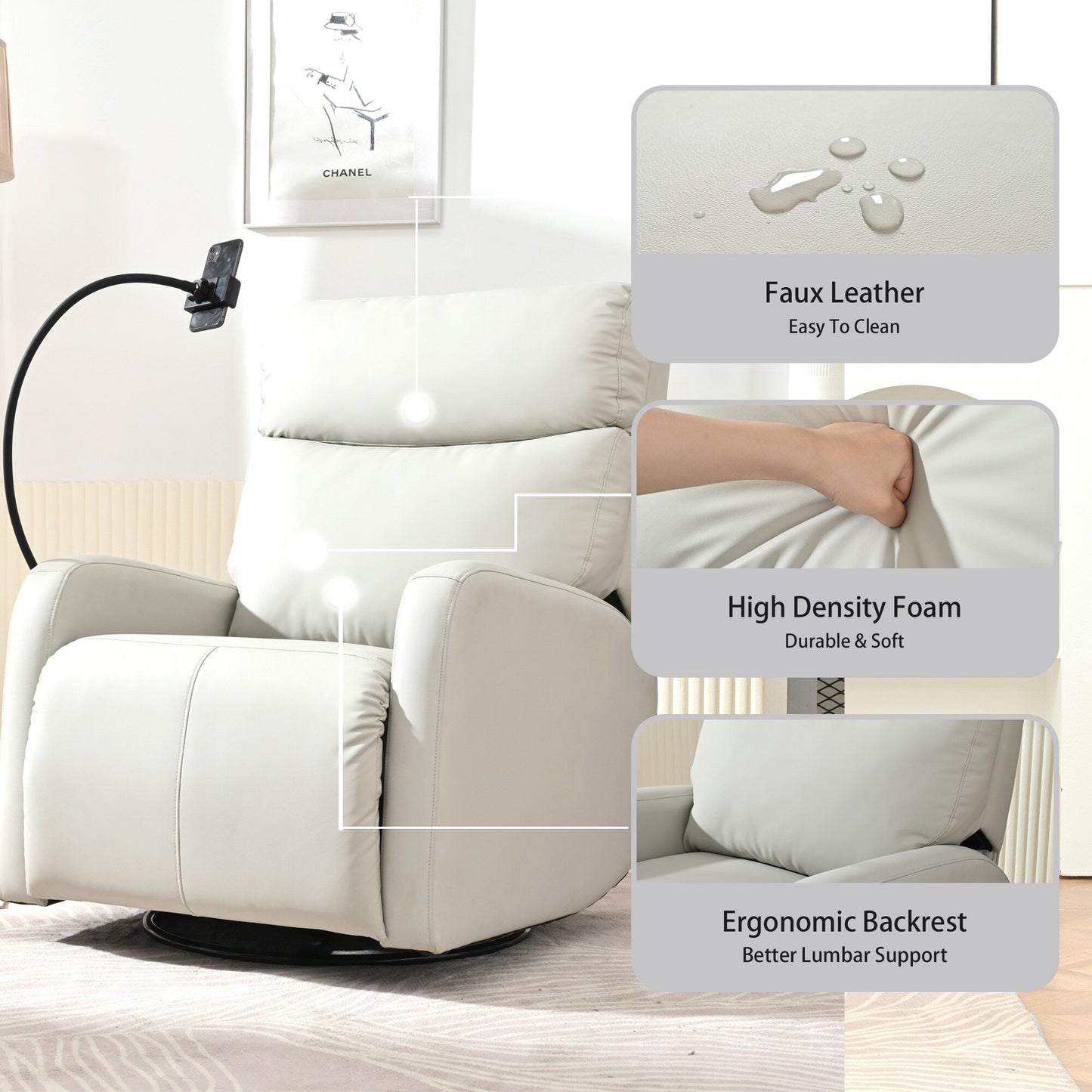 Fauteuil inclinable pivotant à 270° avec ports USB, inclinaison électrique et confort rembourré pour une détente ultime