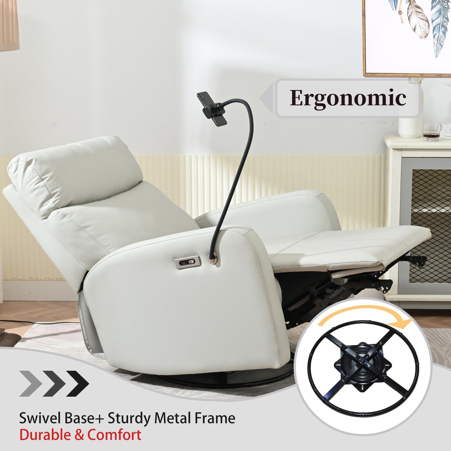 Fauteuil inclinable pivotant à 270° avec ports USB, inclinaison électrique et confort rembourré pour une détente ultime