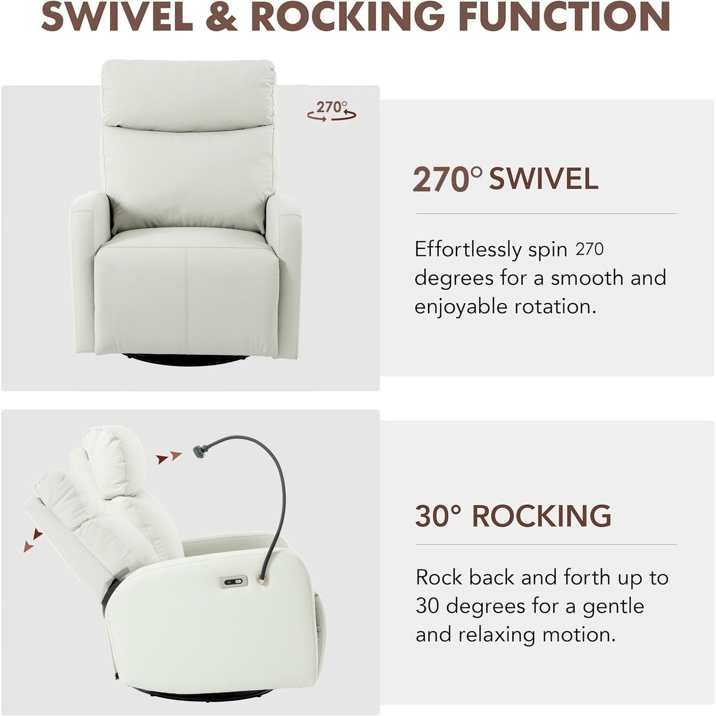 Fauteuil inclinable pivotant à 270° avec ports USB, inclinaison électrique et confort rembourré pour une détente ultime