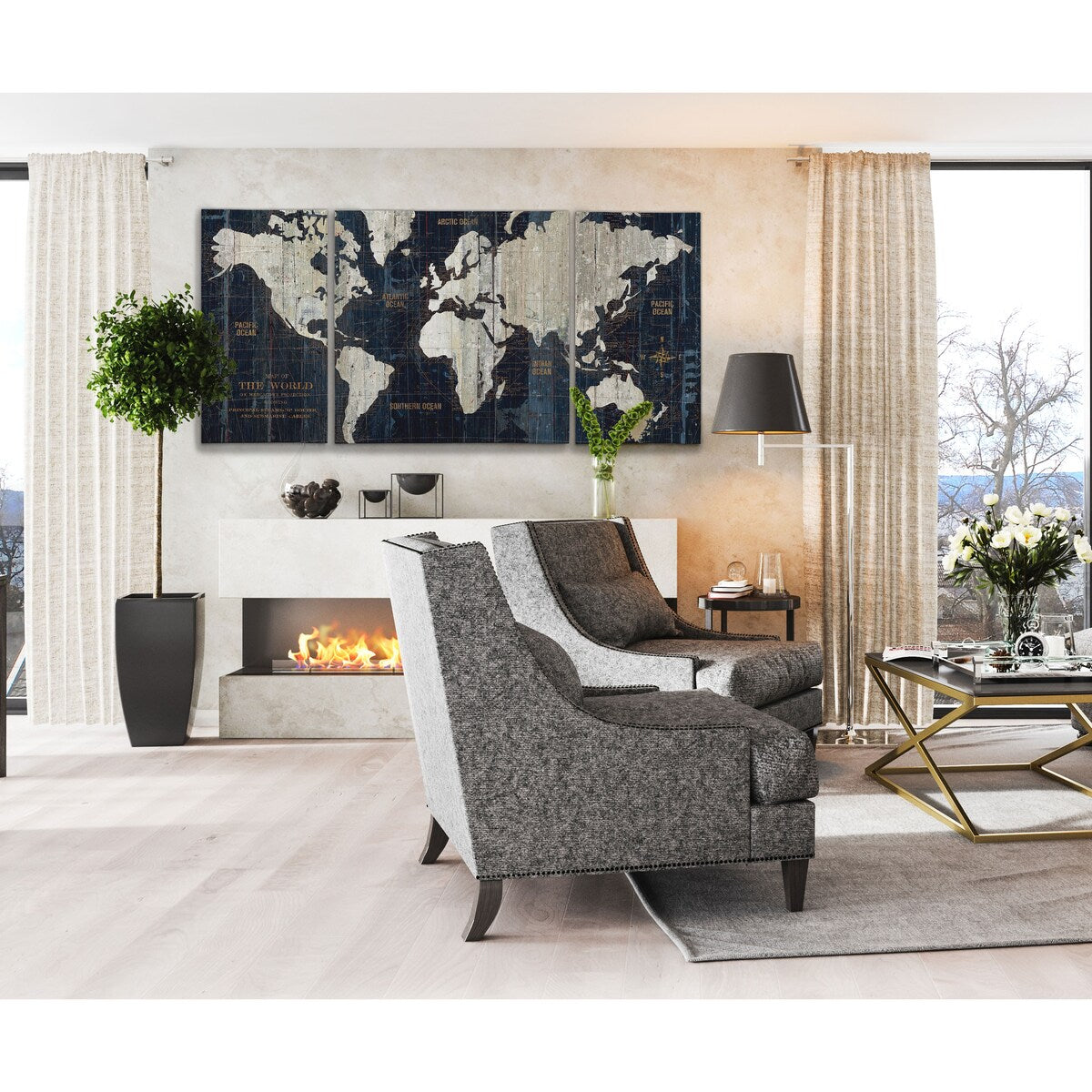 Ensemble de 3 impressions sur toile encadrées « Old World Map Blue »
