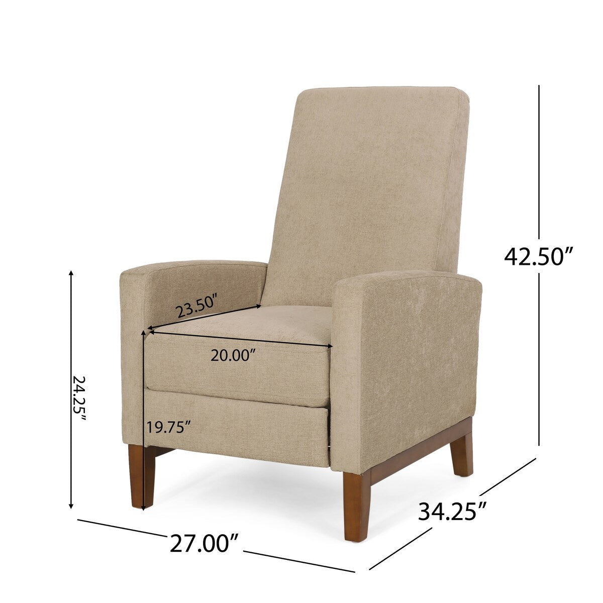 Canapé inclinable classique en bois de 27 po, fauteuil club manuel, rembourré, meuble de salon