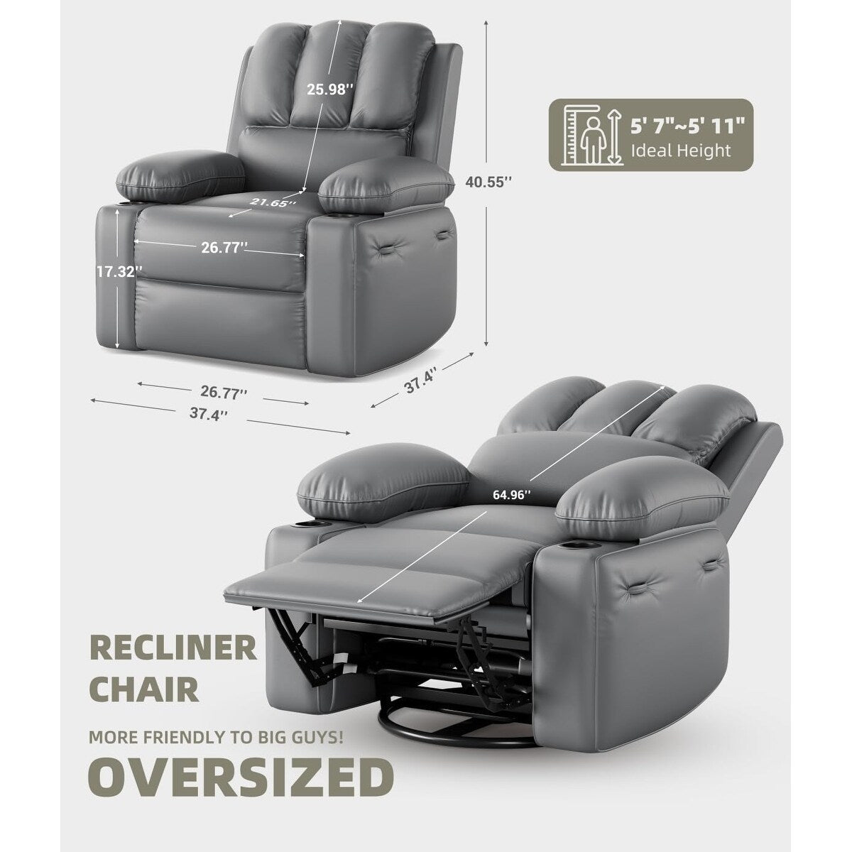 Fauteuils inclinables pivotants surdimensionnés de 27 pouces à 360° avec chauffage et massage