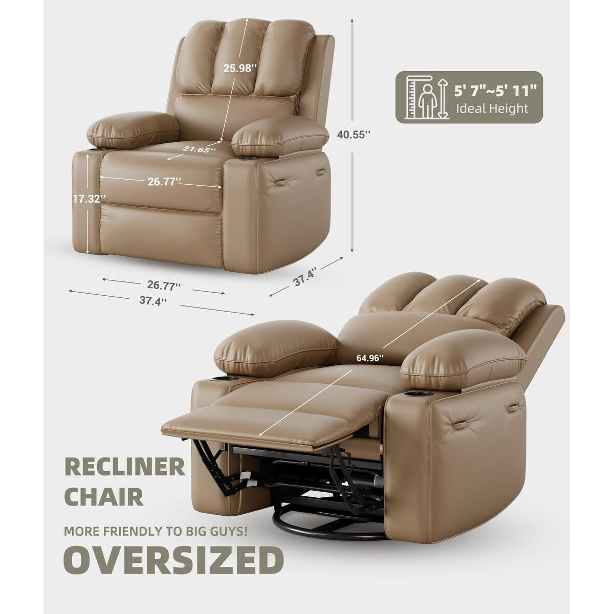 Fauteuils inclinables pivotants surdimensionnés de 27 pouces à 360° avec chauffage et massage