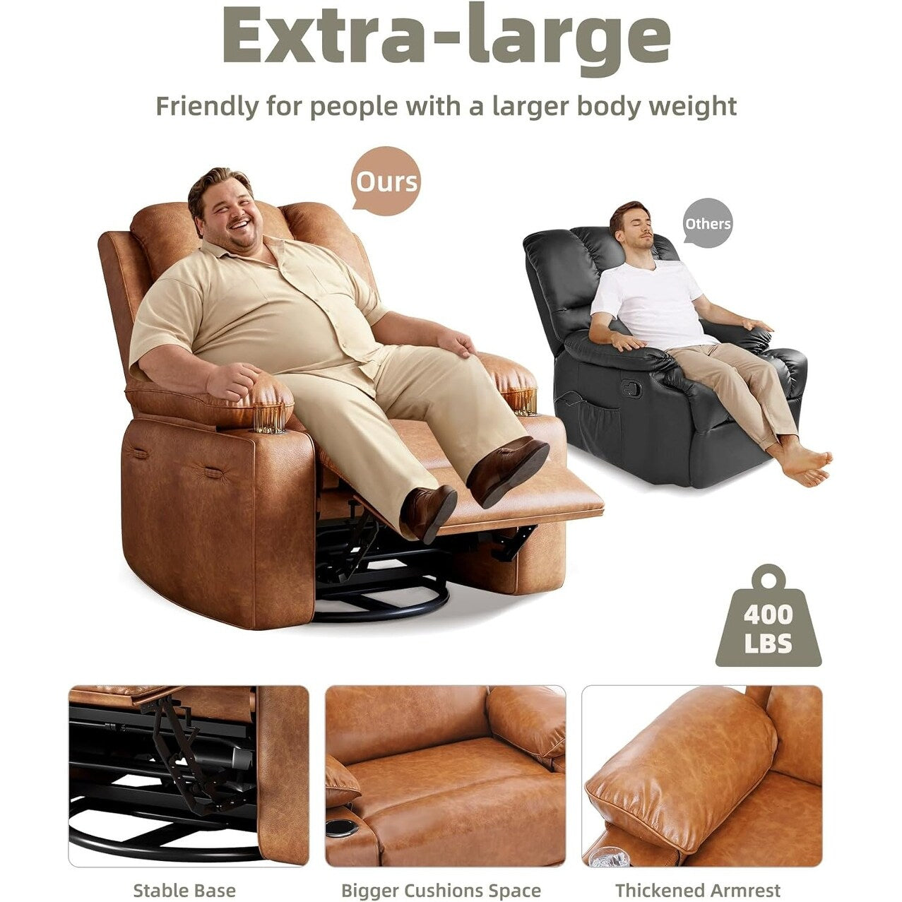 Fauteuils inclinables pivotants surdimensionnés de 27 pouces à 360° avec chauffage et massage