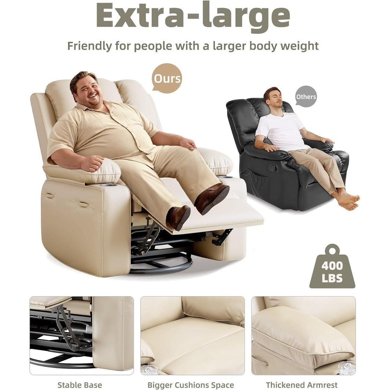 Fauteuils inclinables pivotants surdimensionnés de 27 pouces à 360° avec chauffage et massage