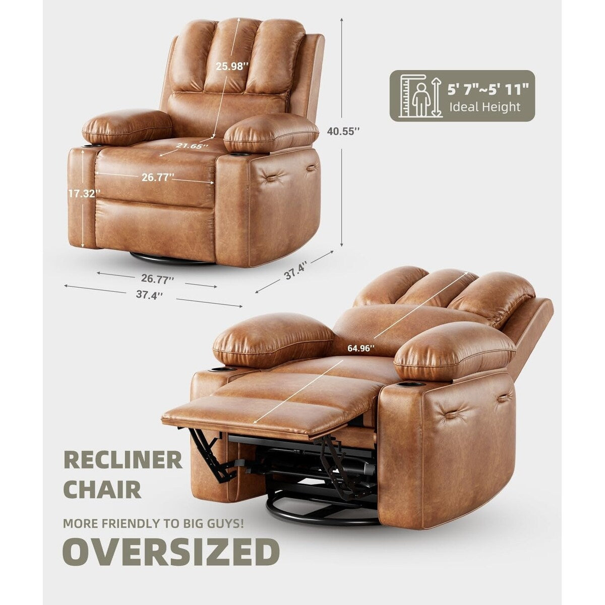 Fauteuils inclinables pivotants surdimensionnés de 27 pouces à 360° avec chauffage et massage