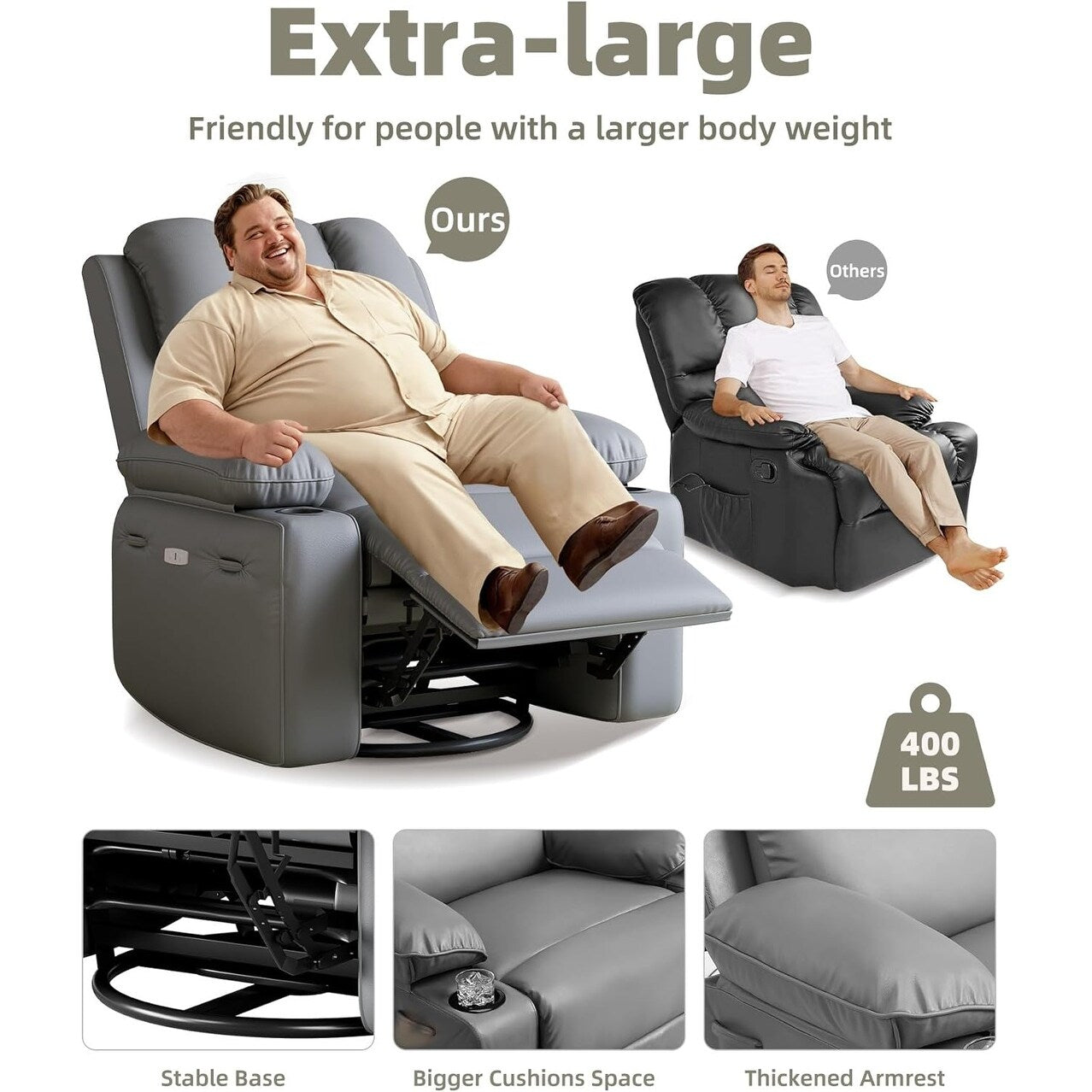 Fauteuils inclinables pivotants surdimensionnés de 27 pouces à 360° avec chauffage et massage