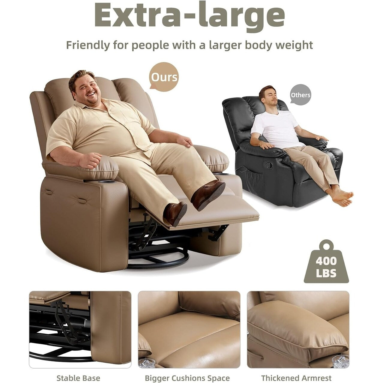 Fauteuils inclinables pivotants surdimensionnés de 27 pouces à 360° avec chauffage et massage