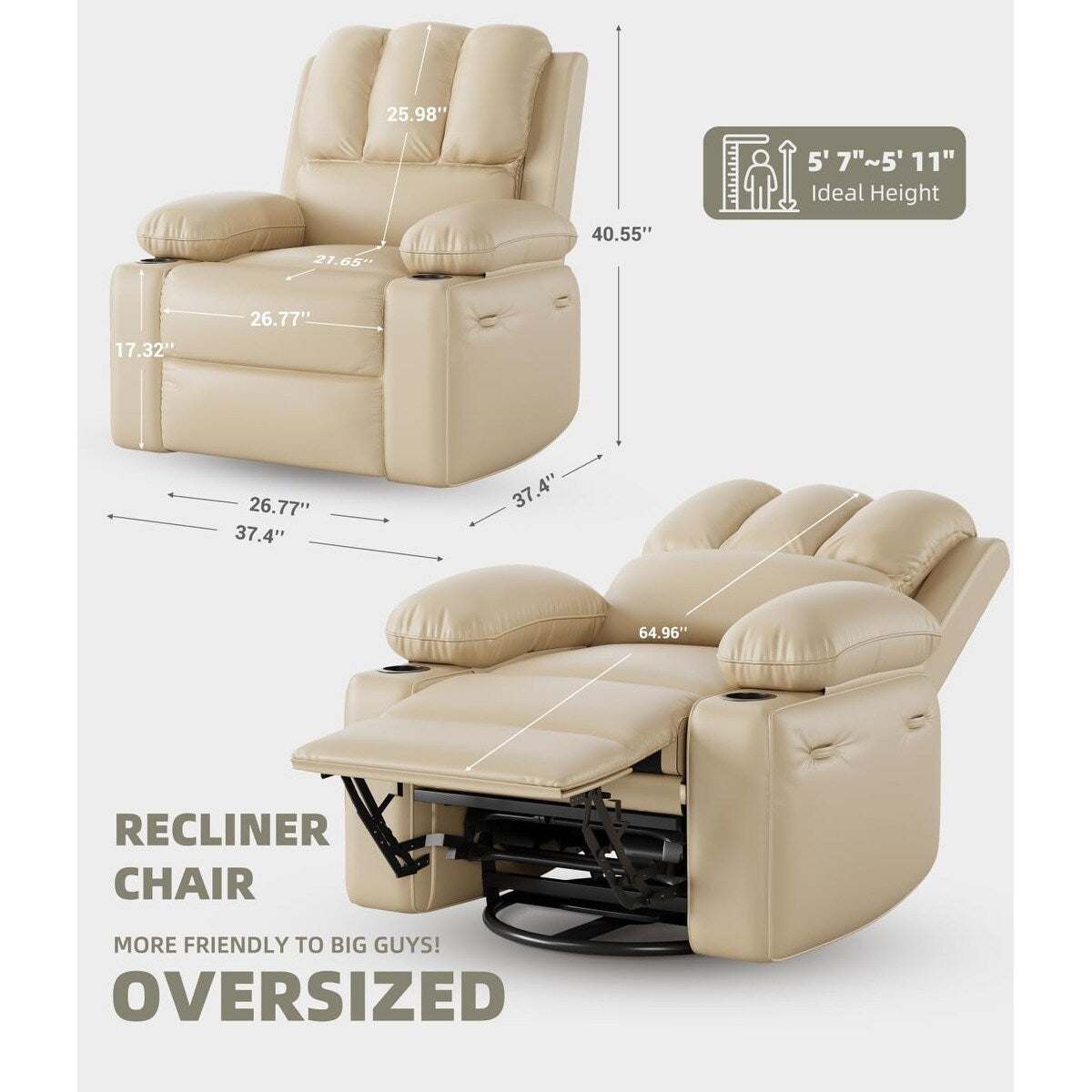 Fauteuils inclinables pivotants surdimensionnés de 27 pouces à 360° avec chauffage et massage