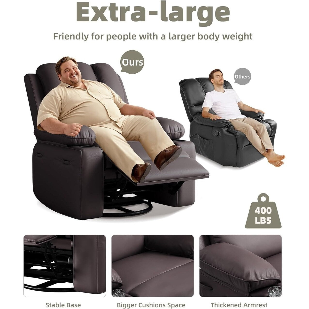 Fauteuils inclinables pivotants surdimensionnés de 27 pouces à 360° avec chauffage et massage