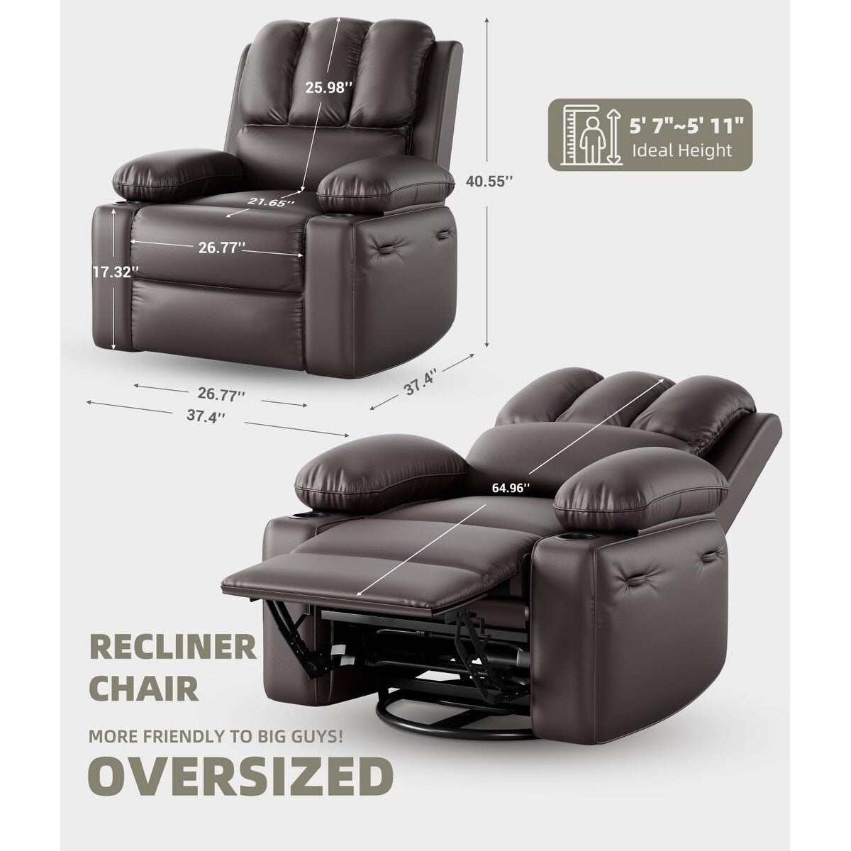 Fauteuils inclinables pivotants surdimensionnés de 27 pouces à 360° avec chauffage et massage