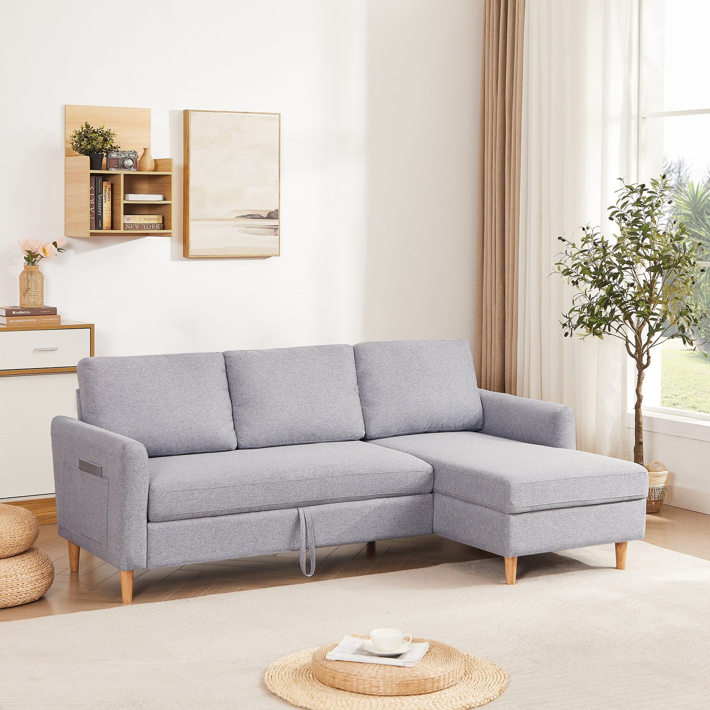 Canapé-lit réglable en forme de L en tissu de 28,35 pouces avec méridienne et poches pour accoudoirs