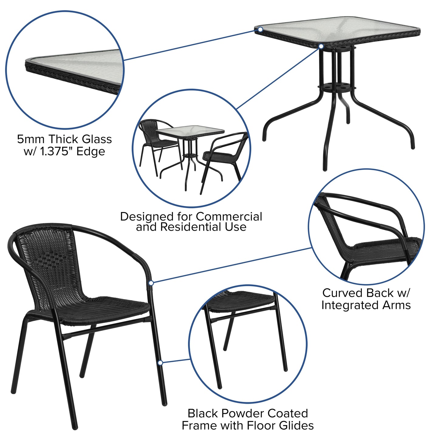 Ensemble de salle à manger de patio 3 pièces en métal et rotin avec table carrée de 28 pouces - 28 L x 28 P x 28 H
