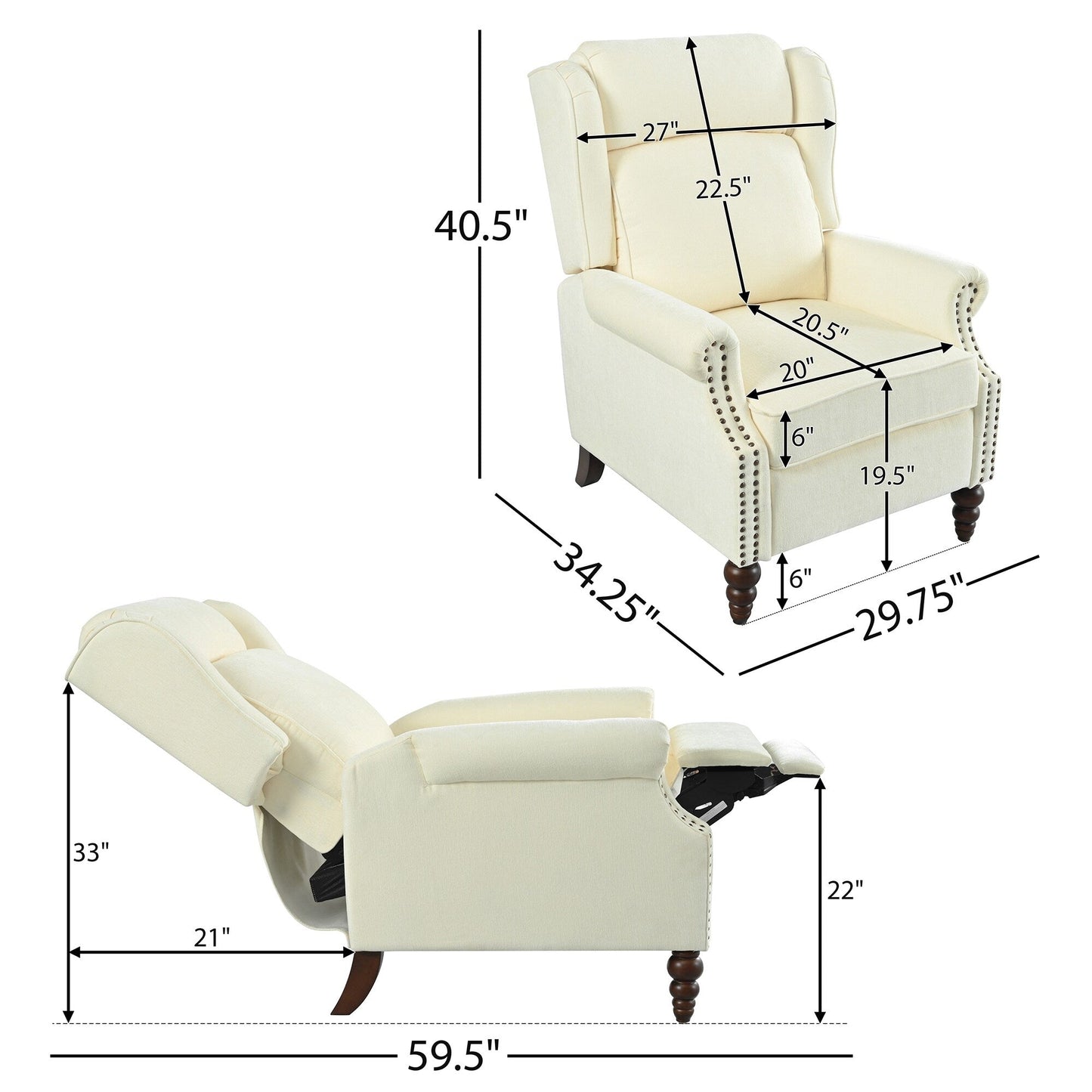 Fauteuil inclinable rembourré avec dossier à oreilles classique et pieds en bois massif en forme de gourde (29,75 $)