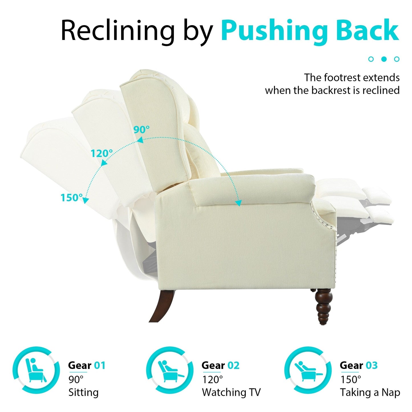 Fauteuil inclinable rembourré avec dossier à oreilles classique et pieds en bois massif en forme de gourde (29,75 $)