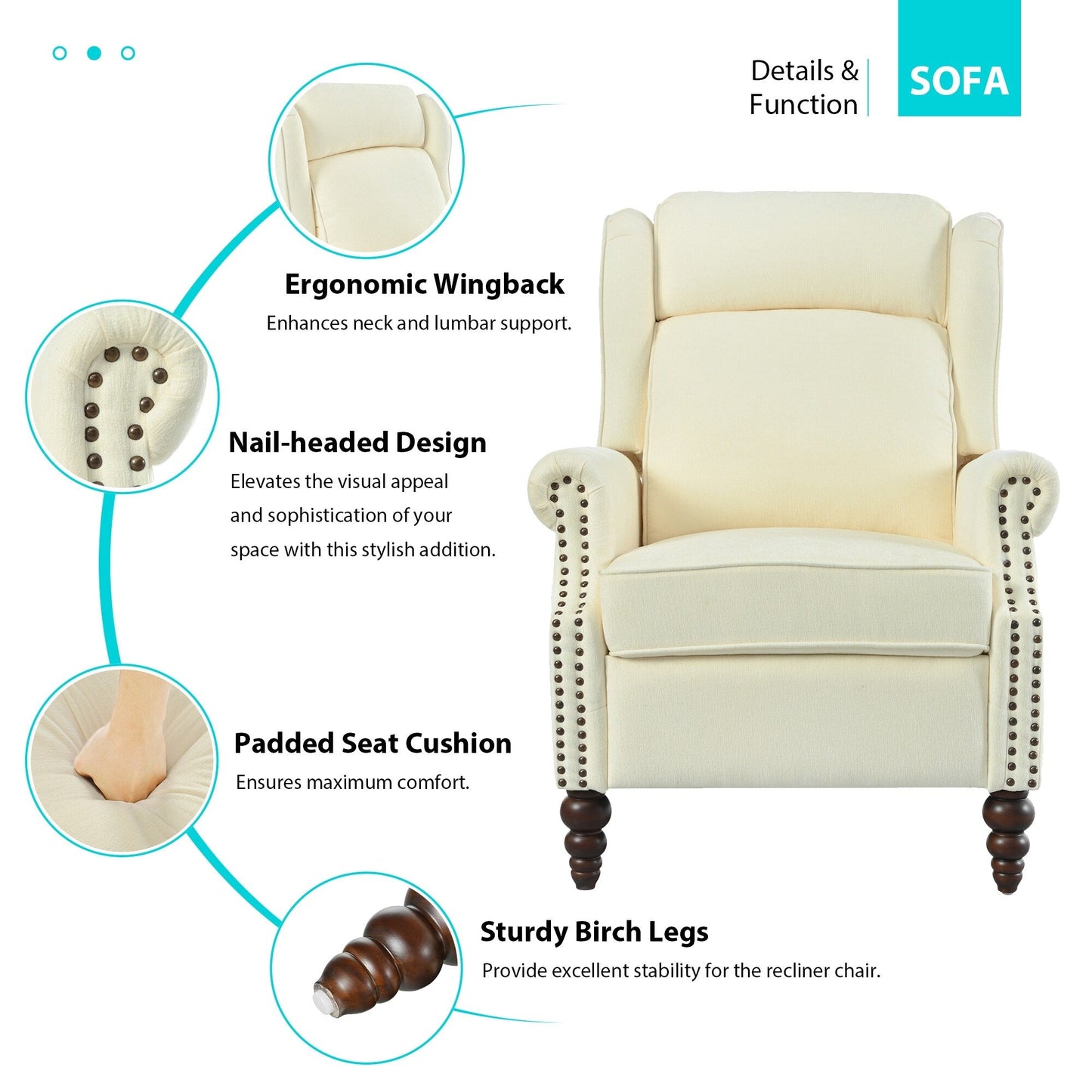 Fauteuil inclinable rembourré avec dossier à oreilles classique et pieds en bois massif en forme de gourde (29,75 $)