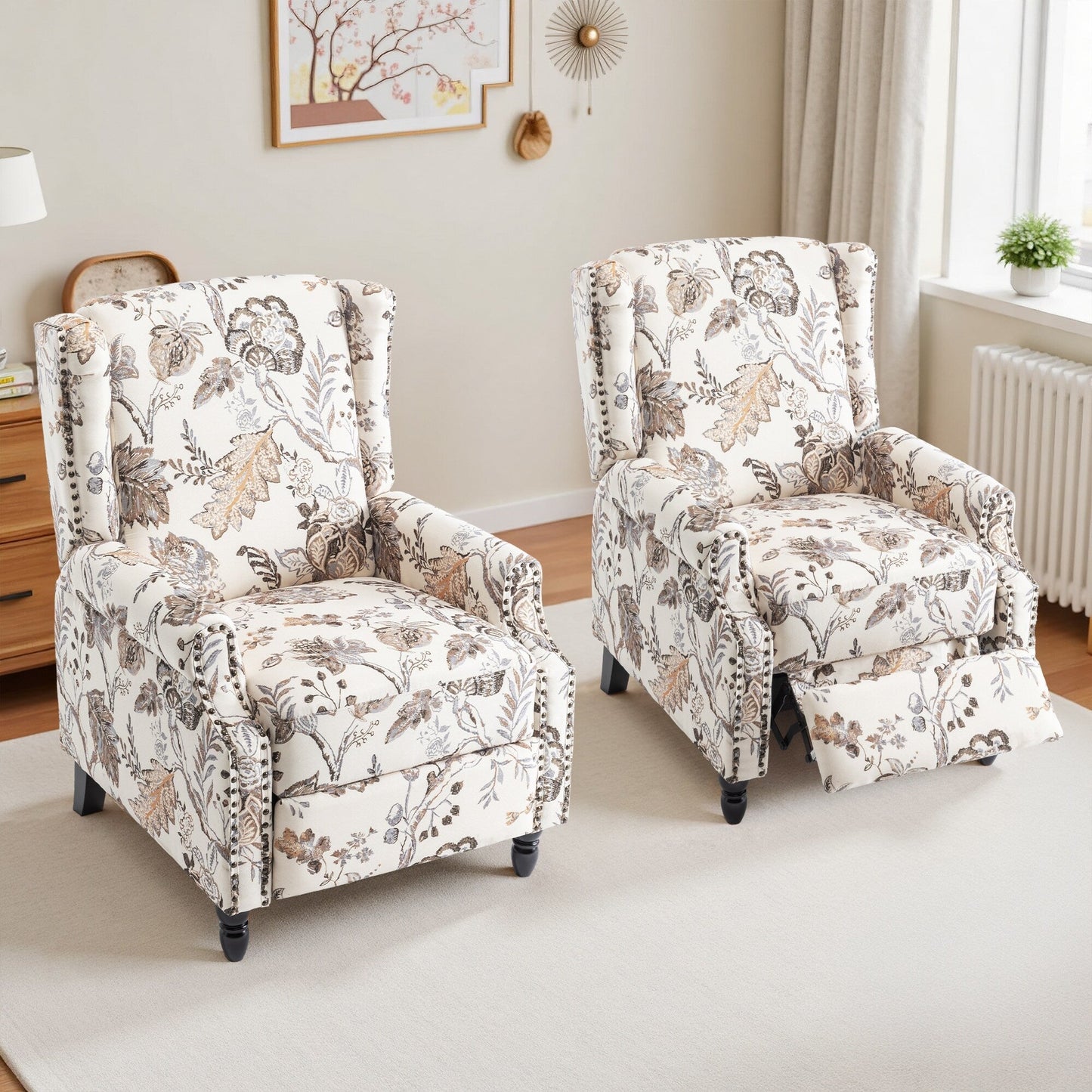Ensemble de 2 fauteuils inclinables manuels à dossier à motif floral vintage de 29 po de largeur