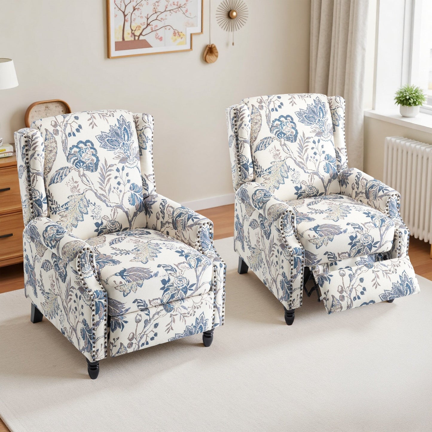 Ensemble de 2 fauteuils inclinables manuels à dossier à motif floral vintage de 29 po de largeur
