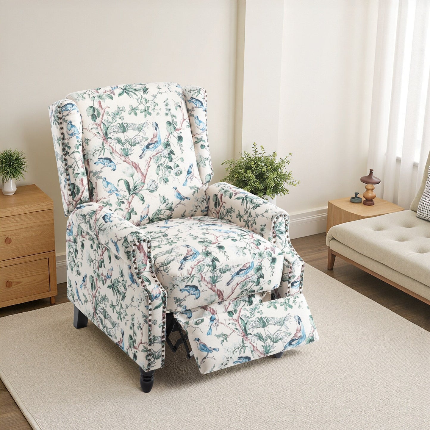 Fauteuil inclinable manuel à dossier relevable en lin vintage floral de 29 po de largeur