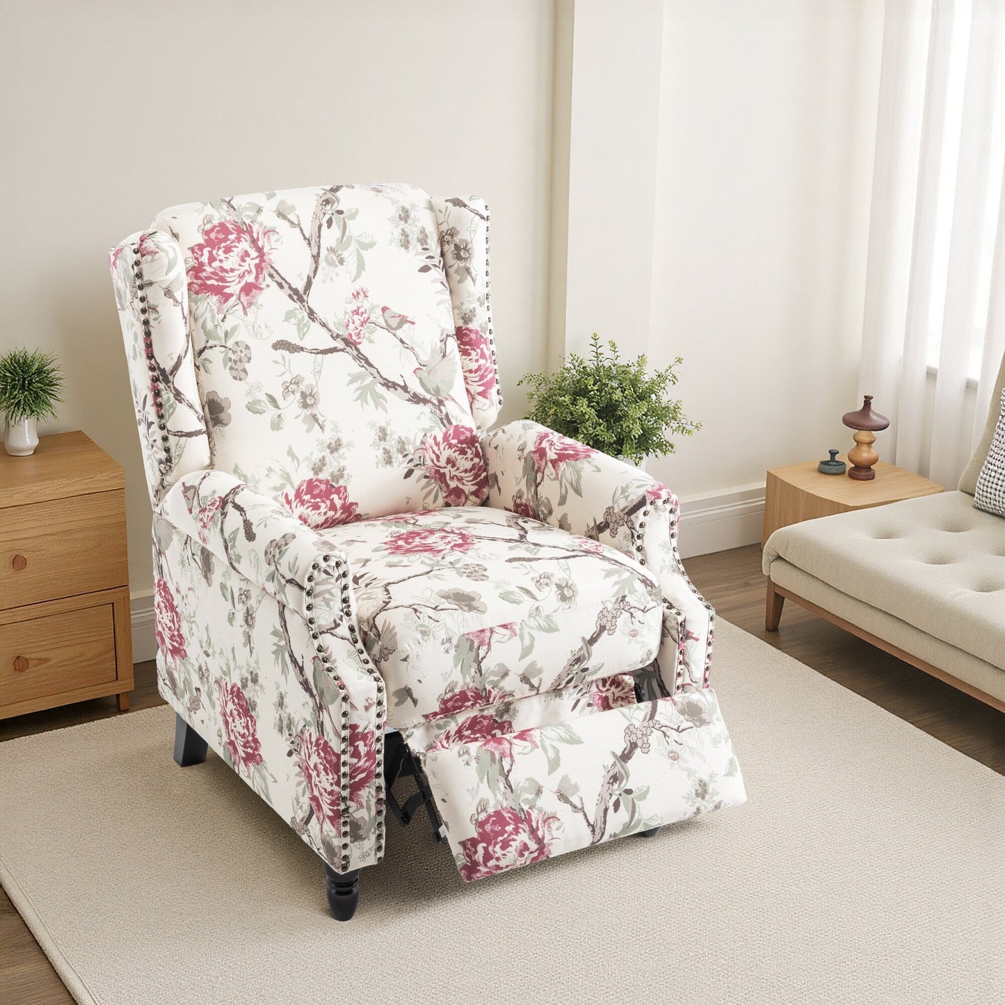 Fauteuil inclinable manuel à dossier relevable en lin vintage floral de 29 po de largeur