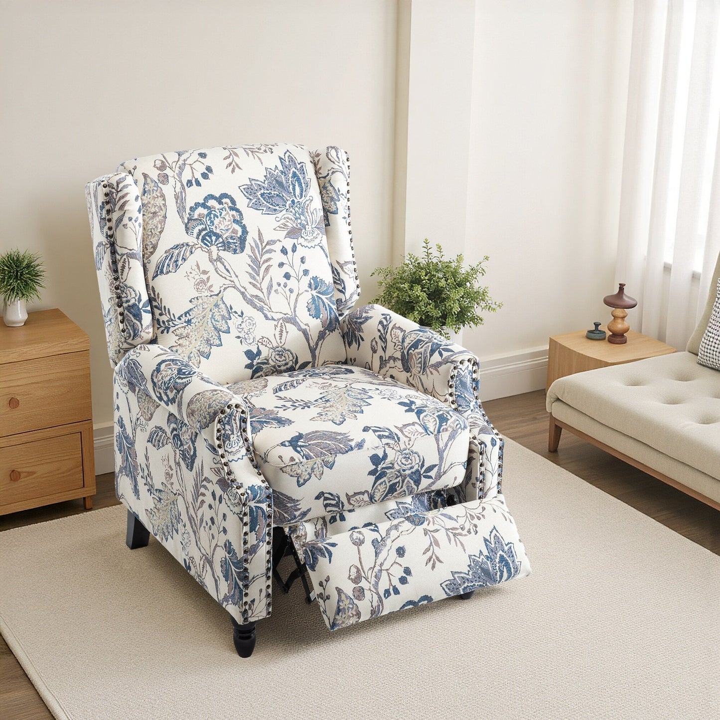 Fauteuil inclinable manuel à dossier relevable en lin vintage floral de 29 po de largeur