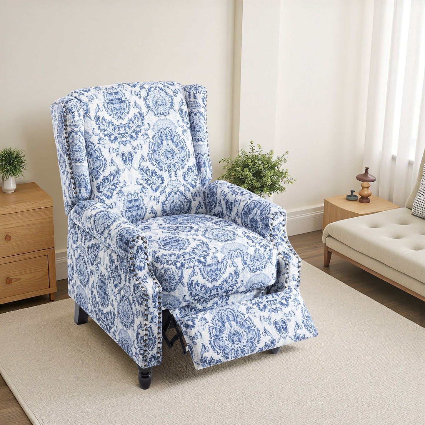 Fauteuil inclinable manuel à dossier relevable en lin vintage floral de 29 po de largeur