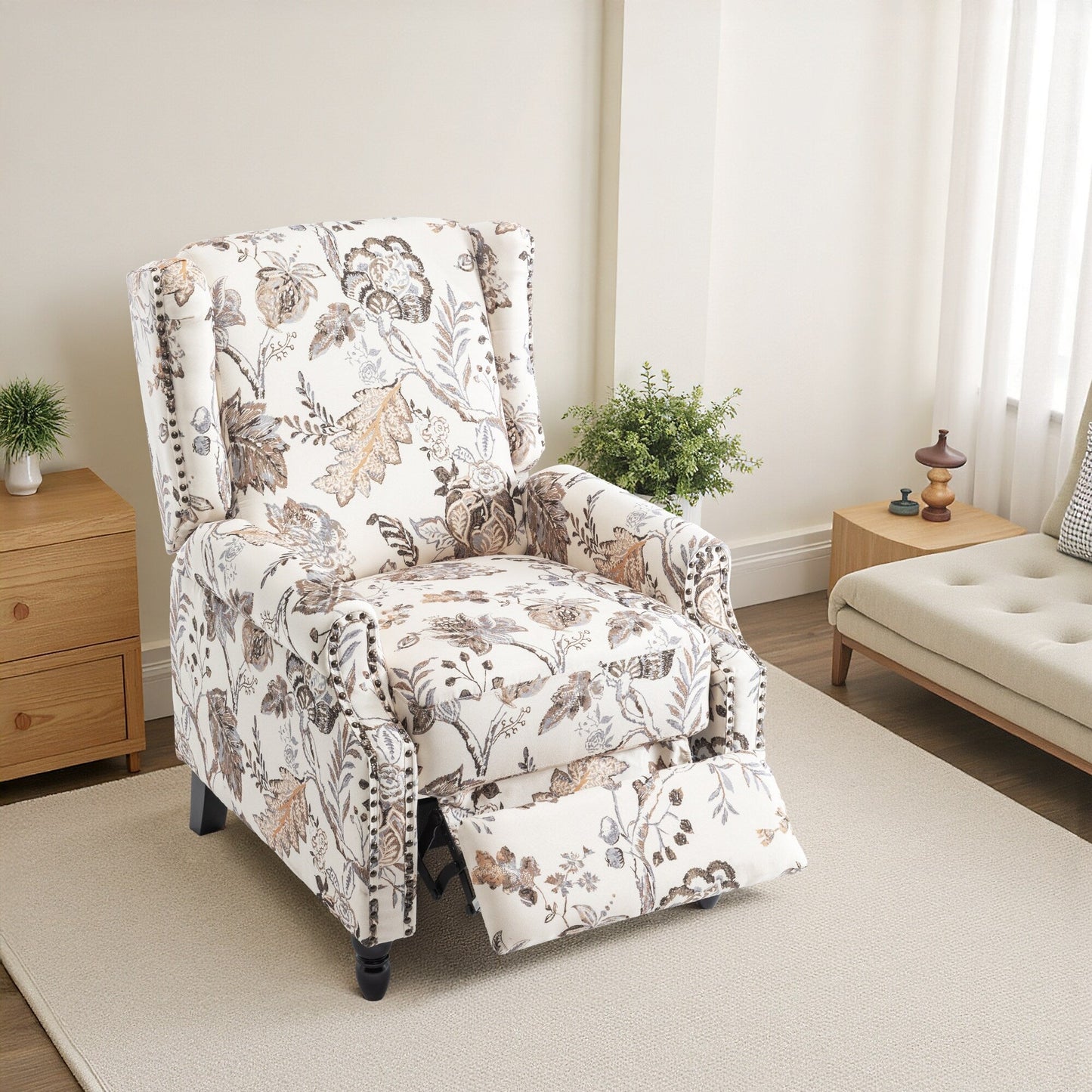 Fauteuil inclinable manuel à dossier relevable en lin vintage floral de 29 po de largeur