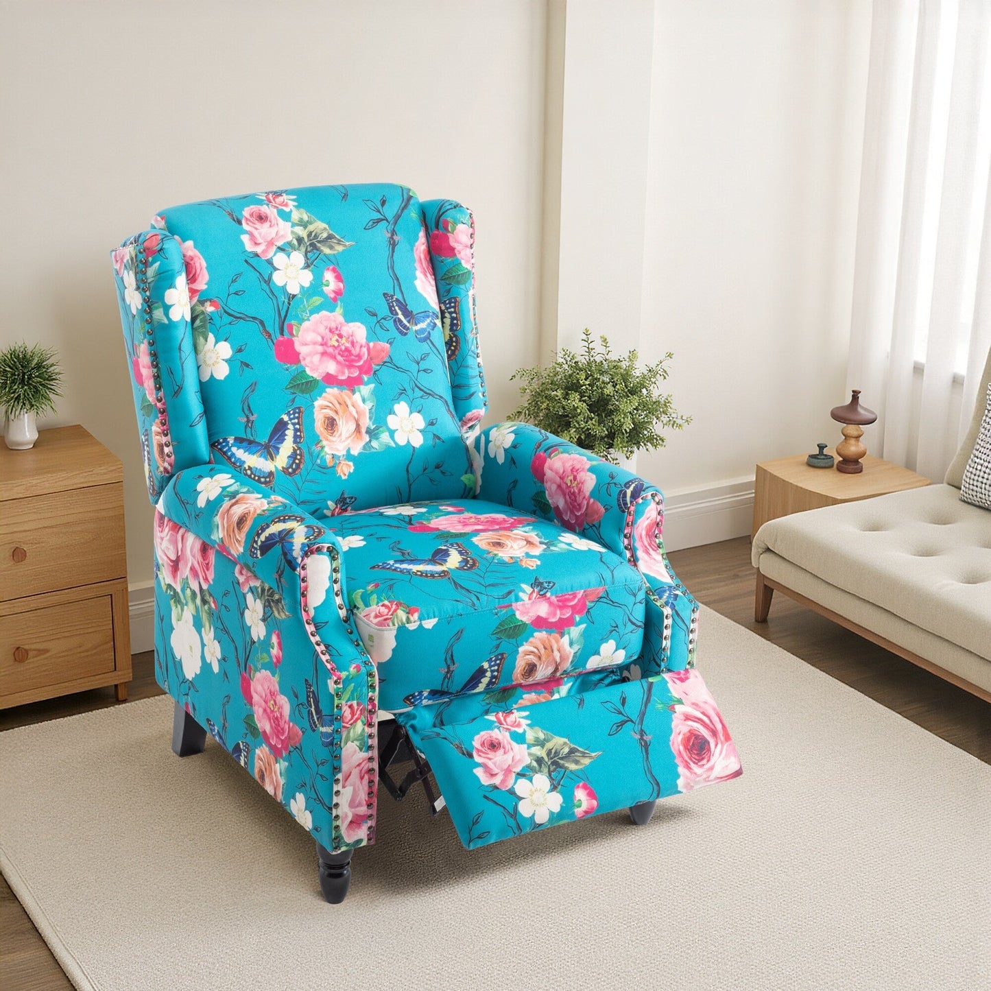 Fauteuil inclinable manuel à dossier relevable en lin vintage floral de 29 po de largeur