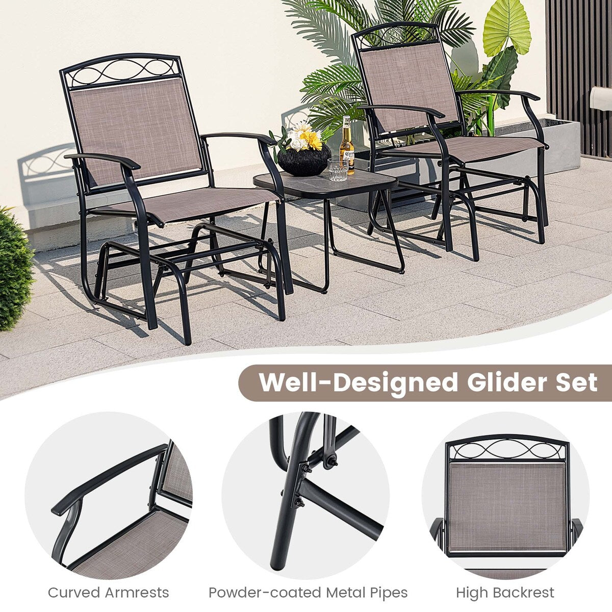 Ensemble de 2 fauteuils de patio à bascule simple avec cadre en métal robuste