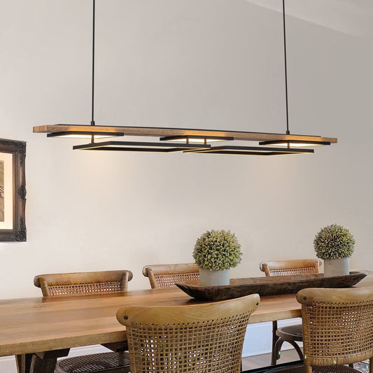 Lustre linéaire en bois à 3 ou 5 lumières LED intégrées pour îlot de cuisine
