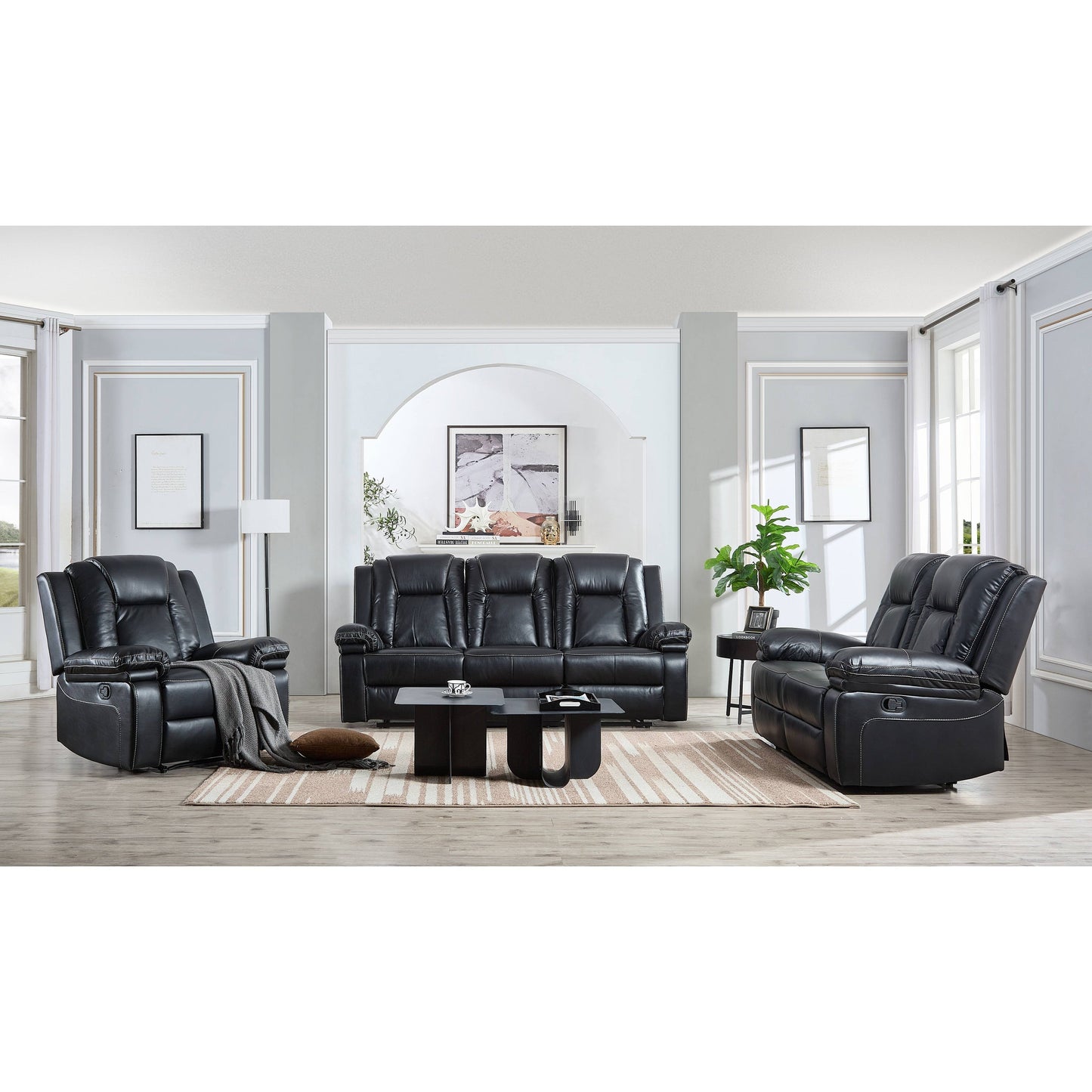 Ensemble de salon 3 pièces en cuir reconstitué avec canapé inclinable, causeuse et fauteuil