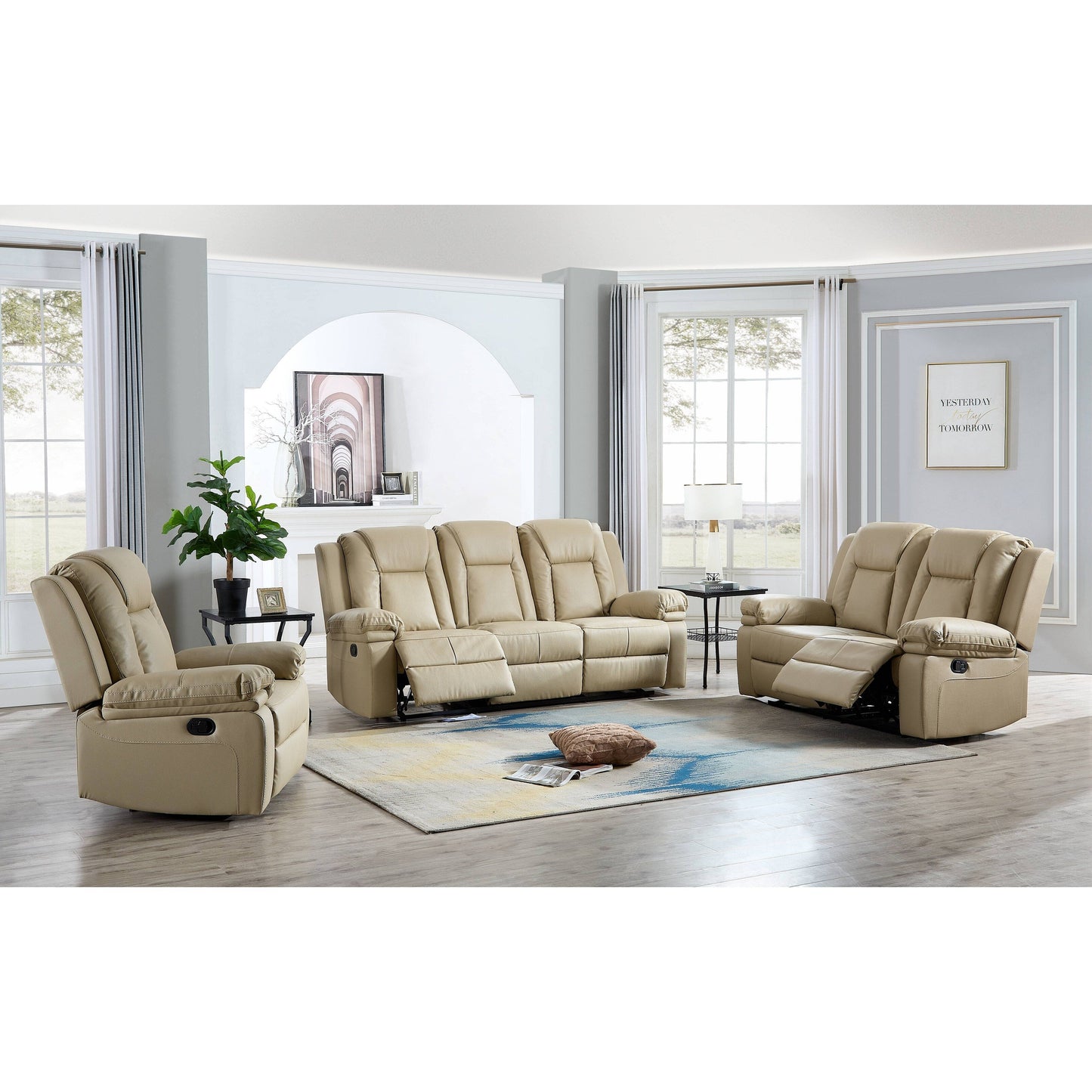 Ensemble de salon 3 pièces en cuir reconstitué avec canapé inclinable, causeuse et fauteuil