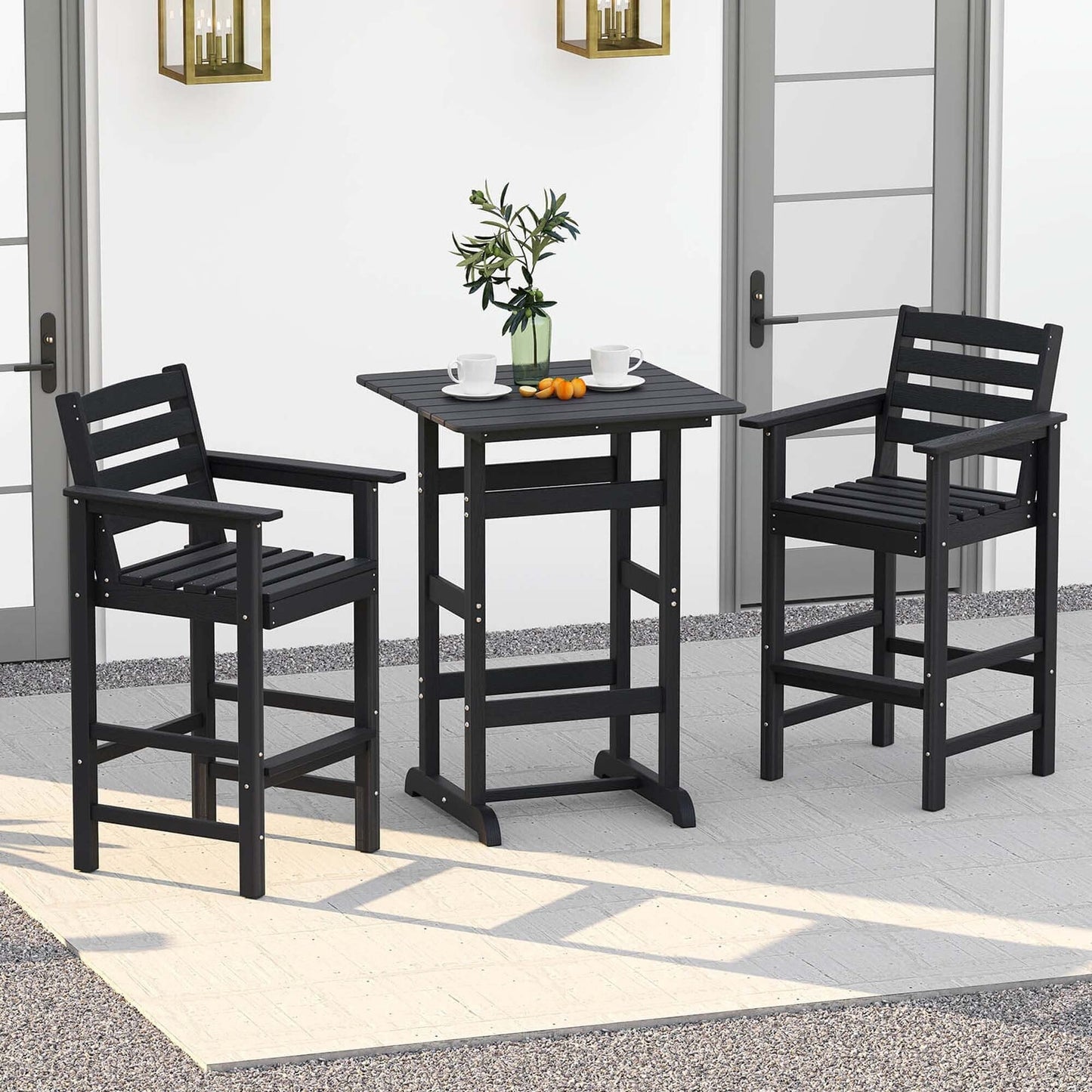 Ensemble de bistrot 3 pièces en PEHD pour patio, tabourets de bar à hauteur de comptoir avec table